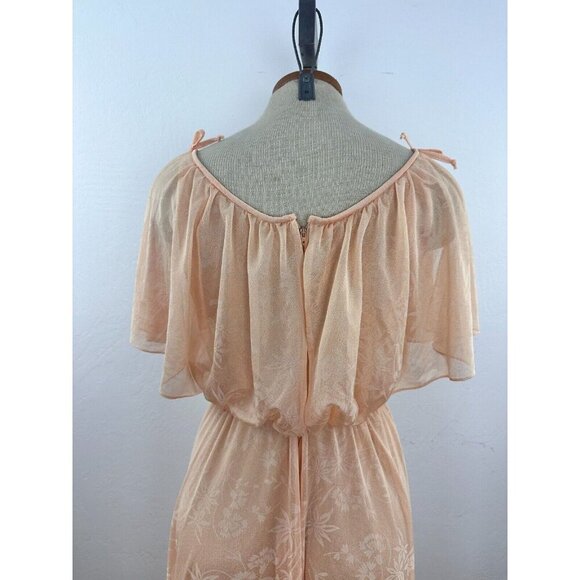 Vintage 70s Chiffon Dress Split Sleeve Maxi Capelet Peach Floral Split Sleeve - Picture 16 of 16